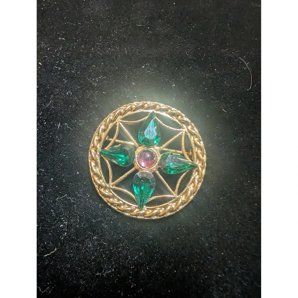 Gold Tone Green Rhinestone Circle Round Pin Brooch Womens
